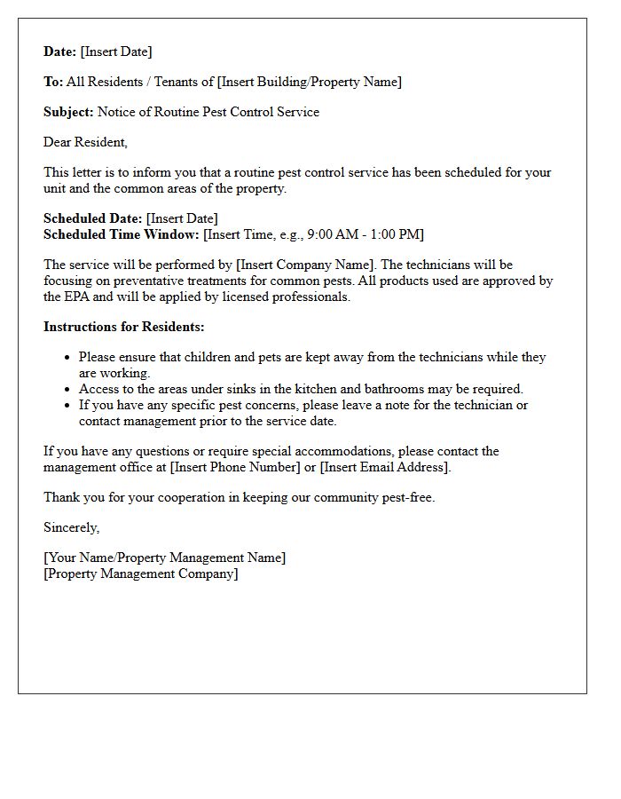 Routine Pest Control Service Notification Letter