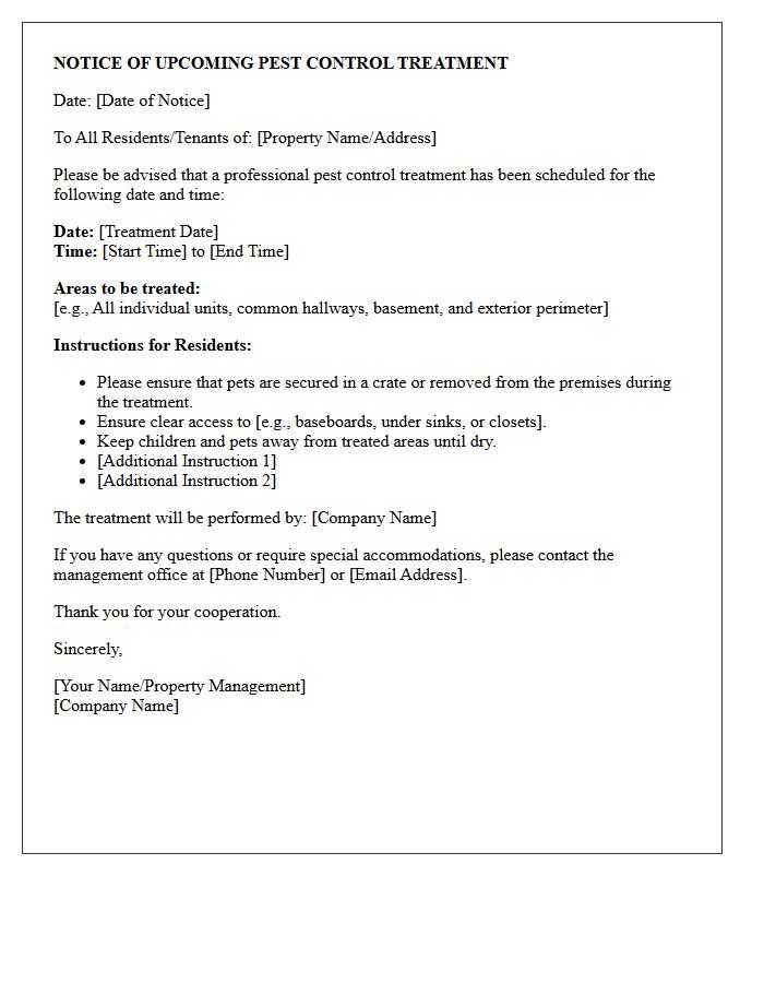 Upcoming Pest Control Treatment Notice Letter