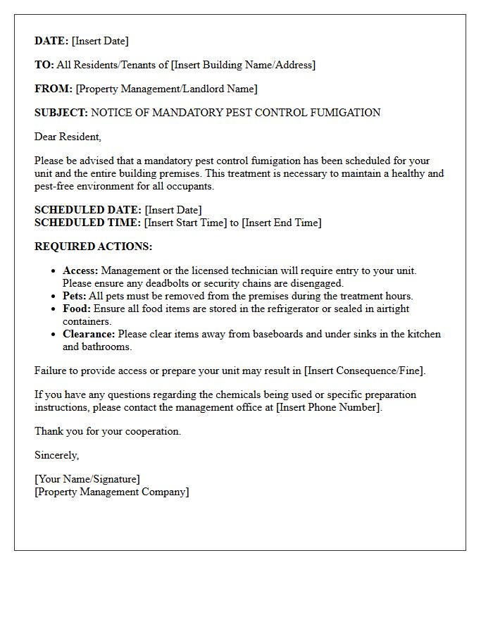Mandatory Pest Control Fumigation Notice Letter