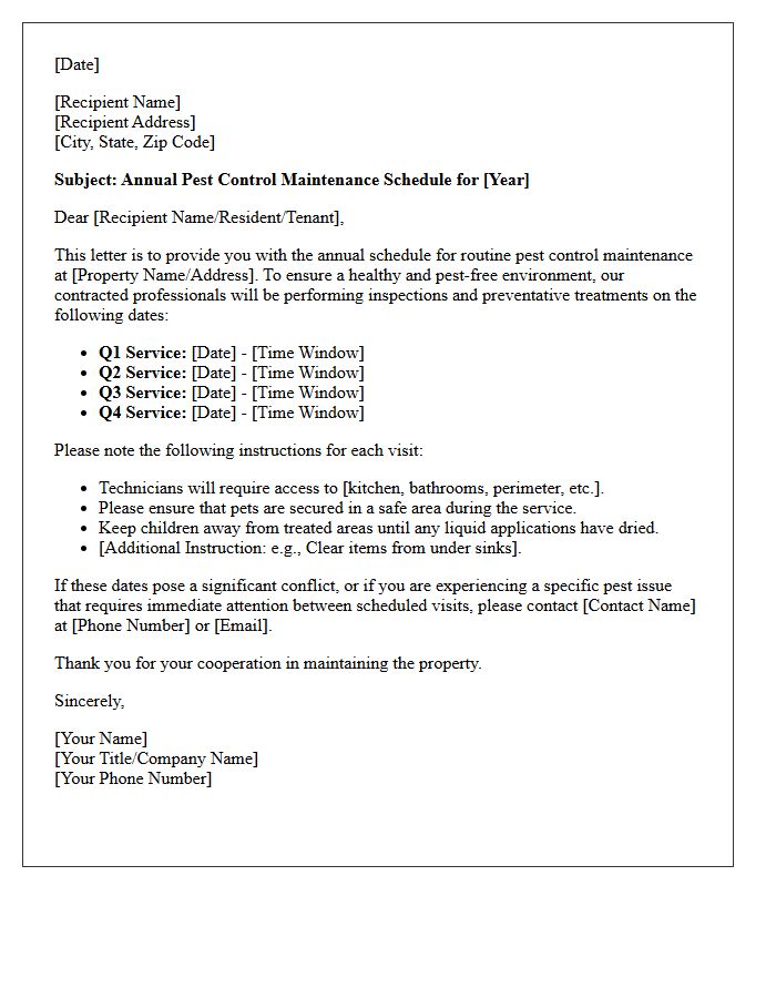 Annual Pest Control Maintenance Schedule Letter