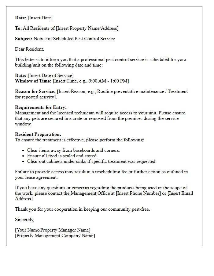 Property Management Pest Control Alert Letter