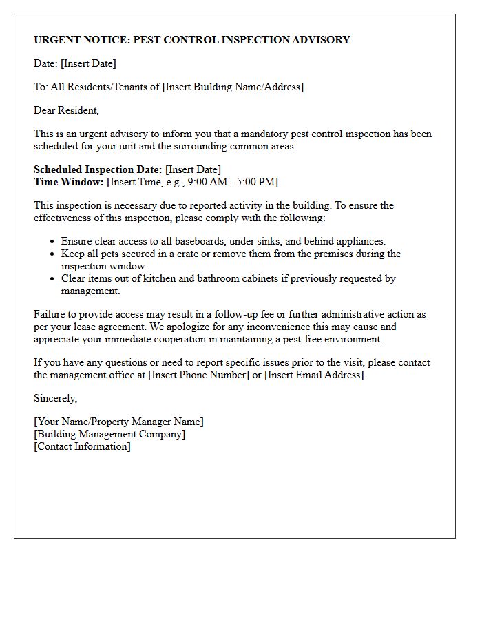 Urgent Pest Control Inspection Advisory Letter