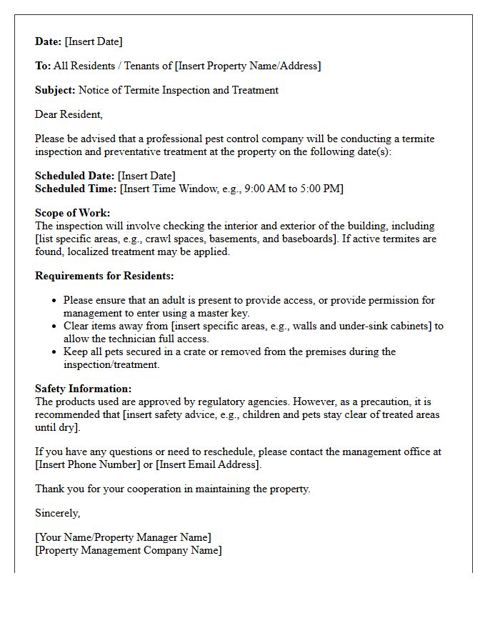 Termite Inspection And Treatment Notice Letter
