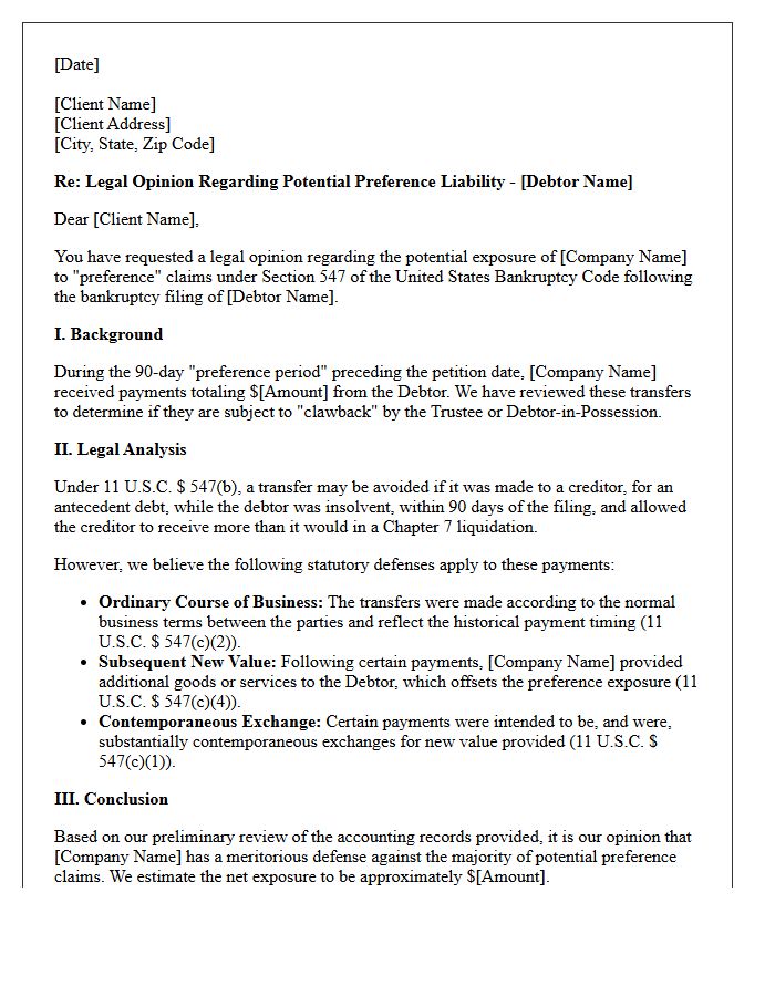 Preference Opinion Letter Regarding Pre-Petition Vendor Payments