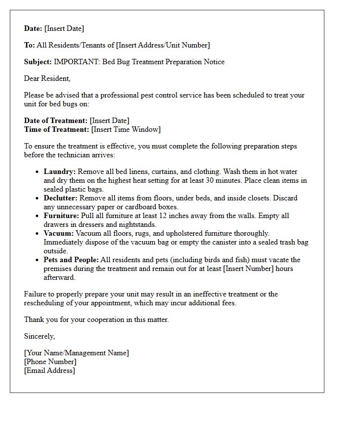 Bed Bug Extermination Preparation Notification Letter