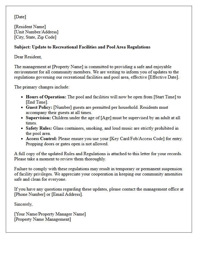 Recreational Facilities and Pool Area Regulations Update Letter