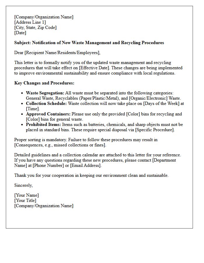 Waste Management and Recycling Procedures Notification Letter