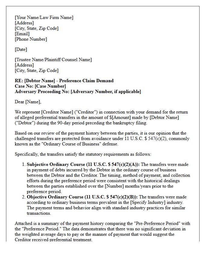 Preference Opinion Letter on Ordinary Course of Business Defense