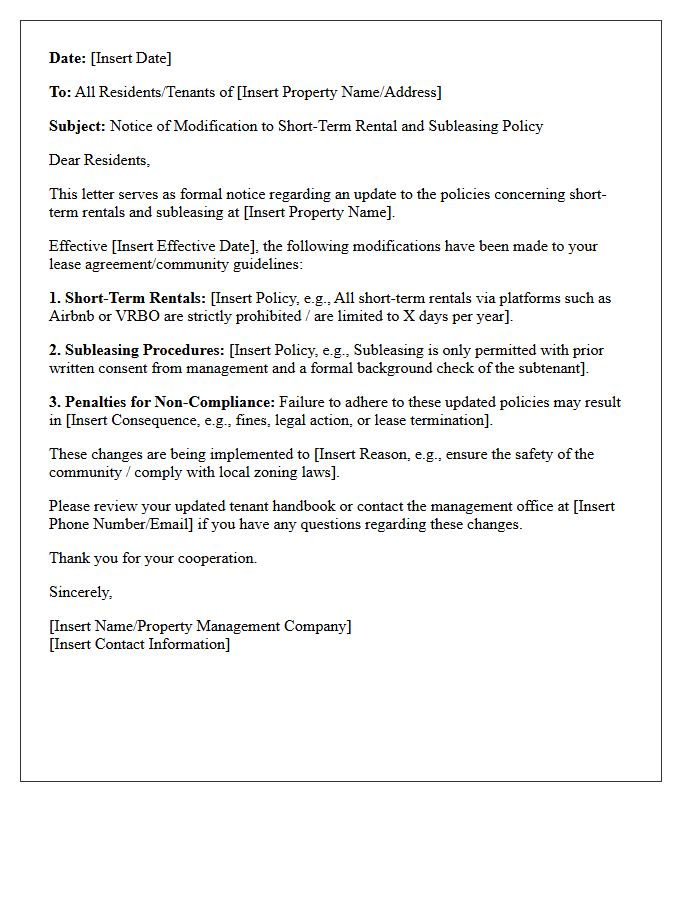 Short-Term Rental and Subleasing Policy Modification Letter
