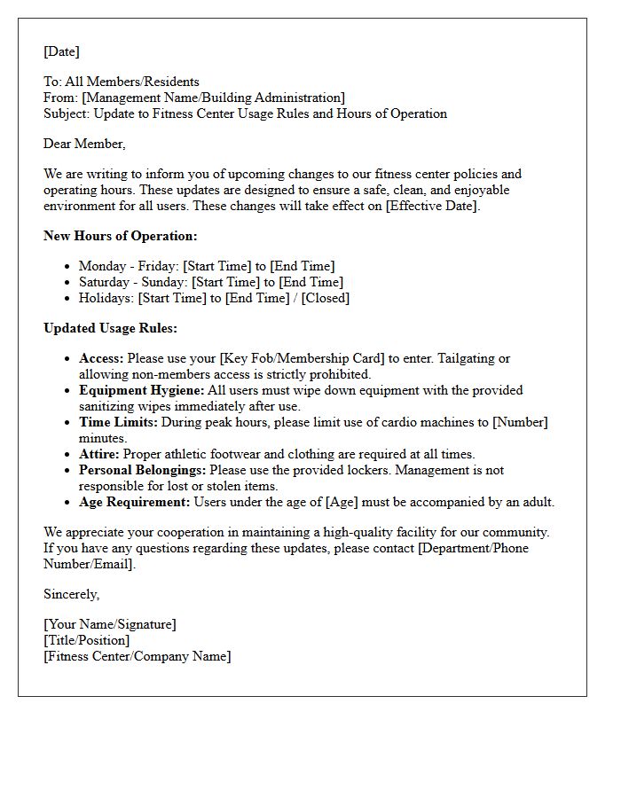 Fitness Center Usage Rules and Hours of Operation Update Letter