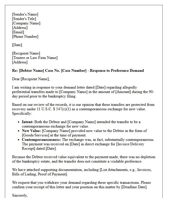 Preference Opinion Letter Assessing Contemporaneous Exchange for New Value