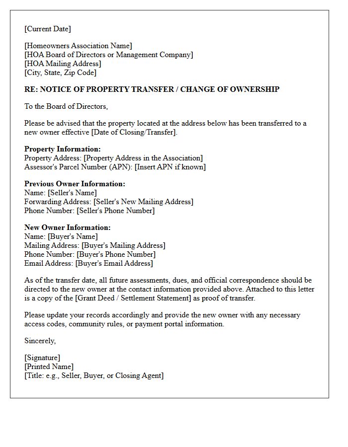 Notice Of Property Transfer To Homeowners Association Letter