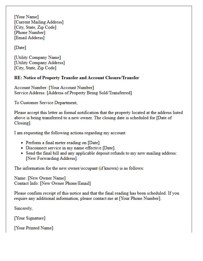Property Transfer Notice To Utility Providers Letter
