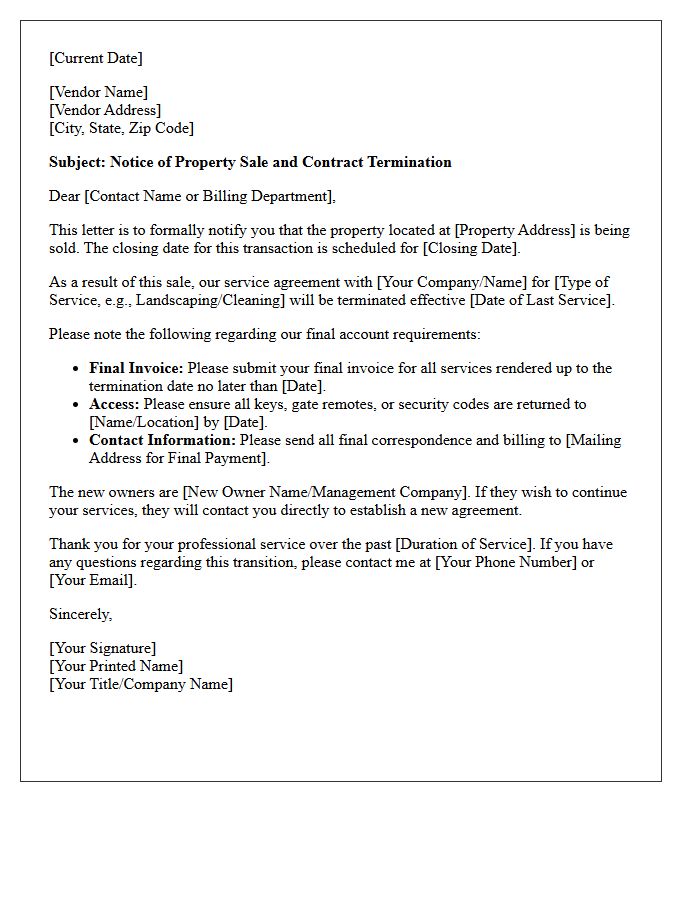 Notice Of Property Sale To Service Vendors Letter