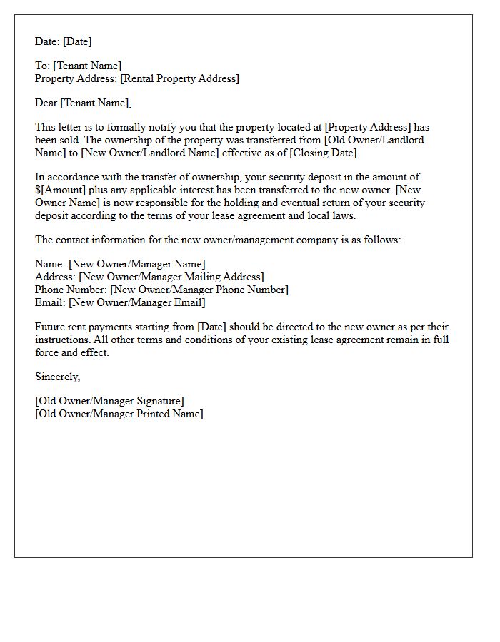 Security Deposit Transfer Due To Property Sale Letter