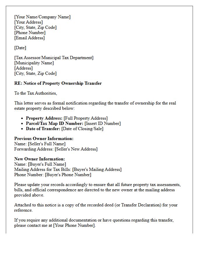 Real Estate Transfer Notice To Municipal Tax Authority Letter