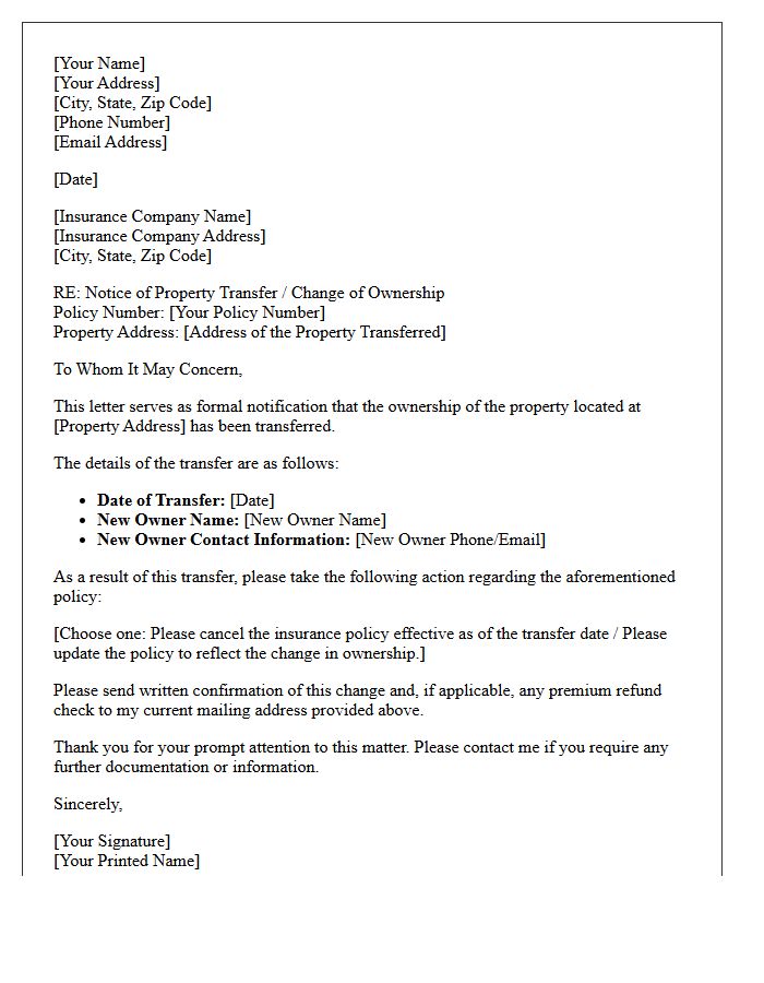 Notice Of Property Transfer To Insurance Carrier Letter