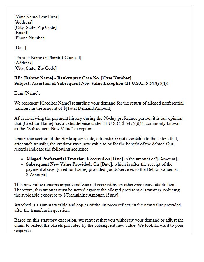 Preference Opinion Letter on Subsequent New Value Exception