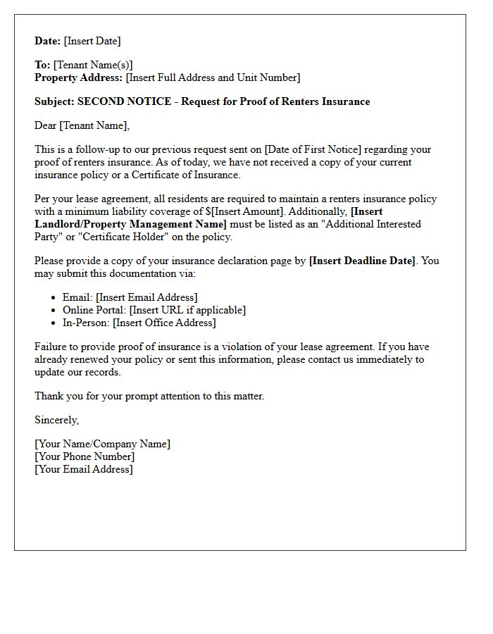 Second Notice Request for Renters Insurance Proof Letter