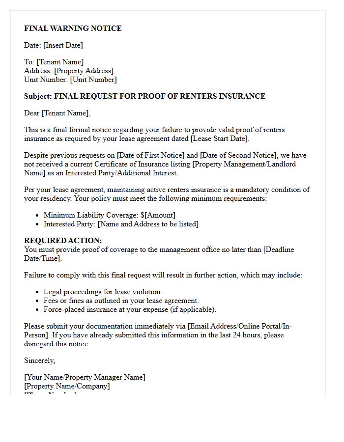 Final Warning Request for Renters Insurance Proof Letter