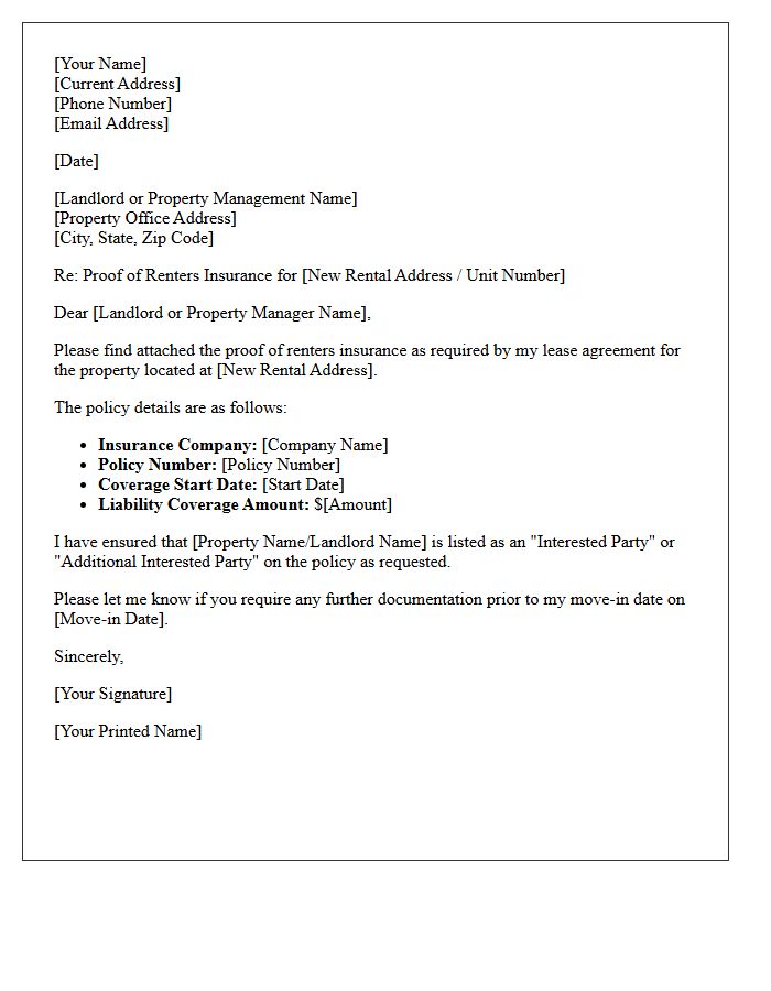 Move-In Requirement Renters Insurance Proof Letter