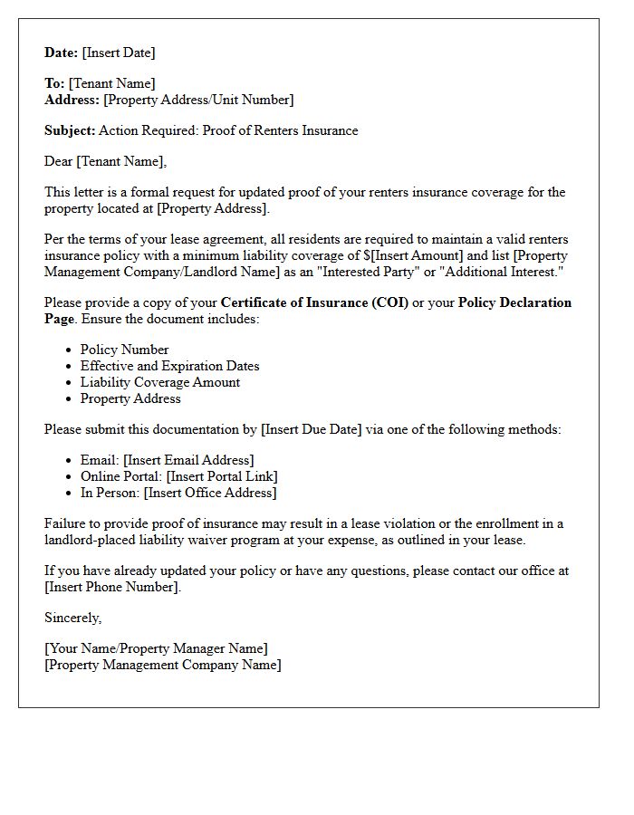 Property Management Renters Insurance Proof Request Letter