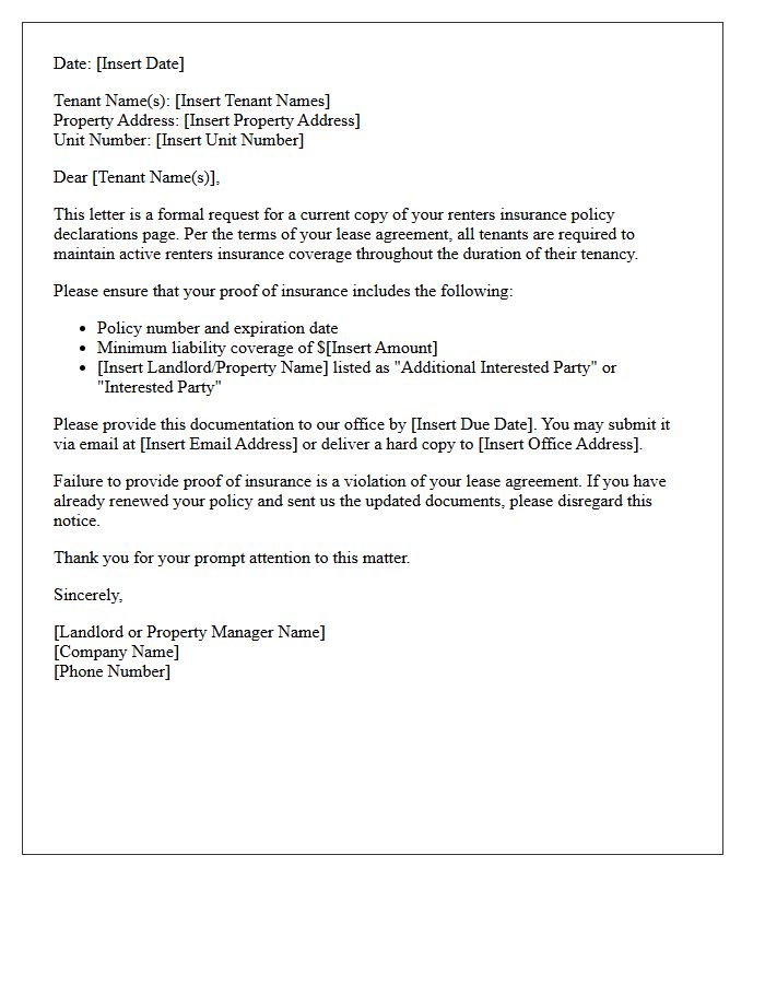 Landlord Request for Renters Insurance Proof Letter
