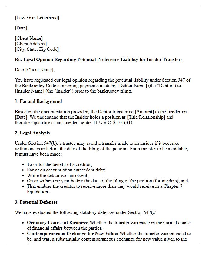 Preference Opinion Letter Regarding Insider Transfer Liability