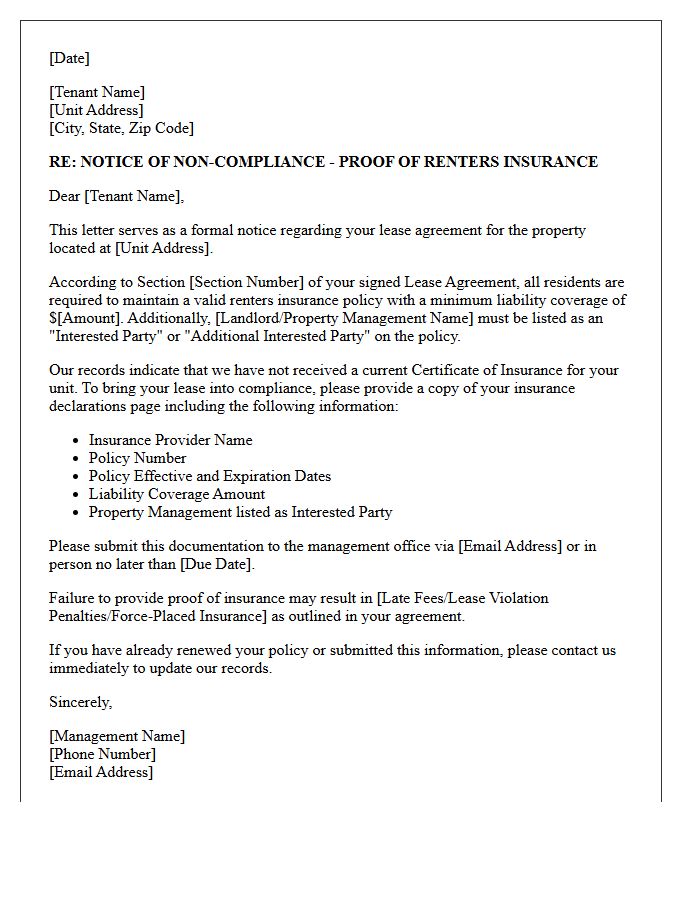 Lease Agreement Renters Insurance Proof Compliance Letter