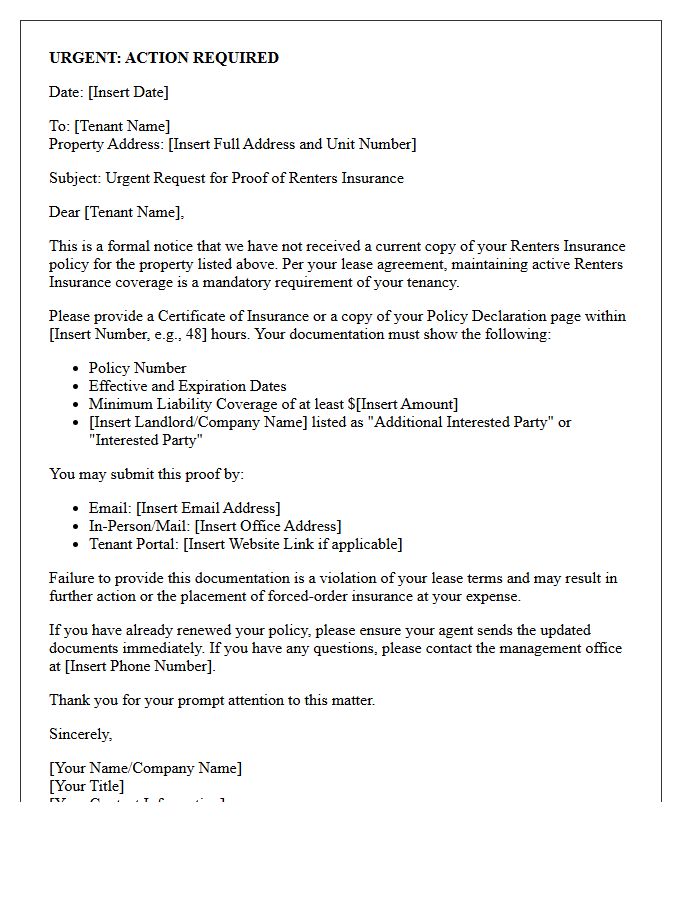 Urgent Request for Renters Insurance Proof Letter