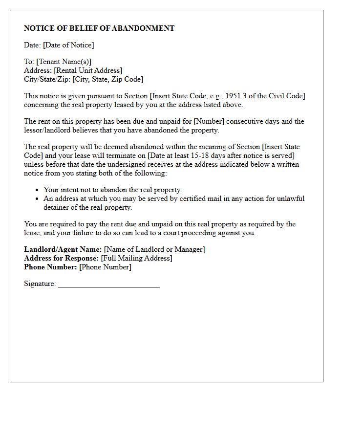 Landlord Notice Of Belief Of Abandonment Letter