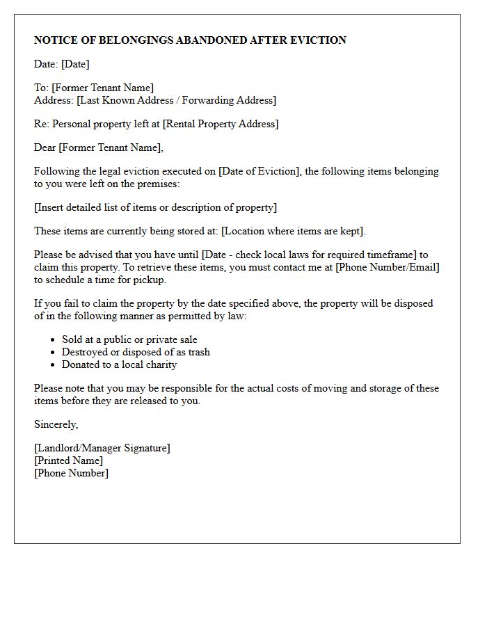 Post-Eviction Abandoned Belongings Notice Letter