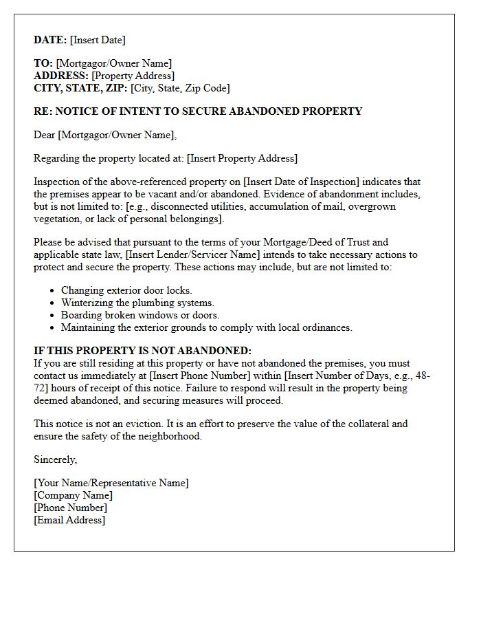 Foreclosure Abandoned Premises Notification Letter
