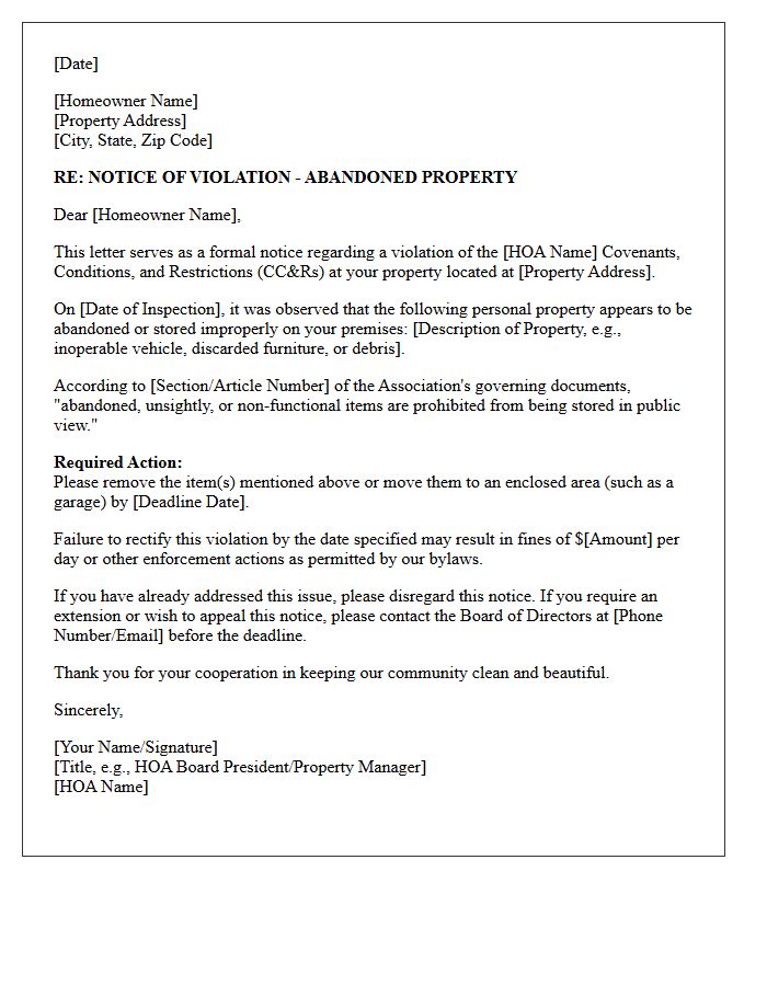 Homeowner Association Abandoned Property Violation Letter