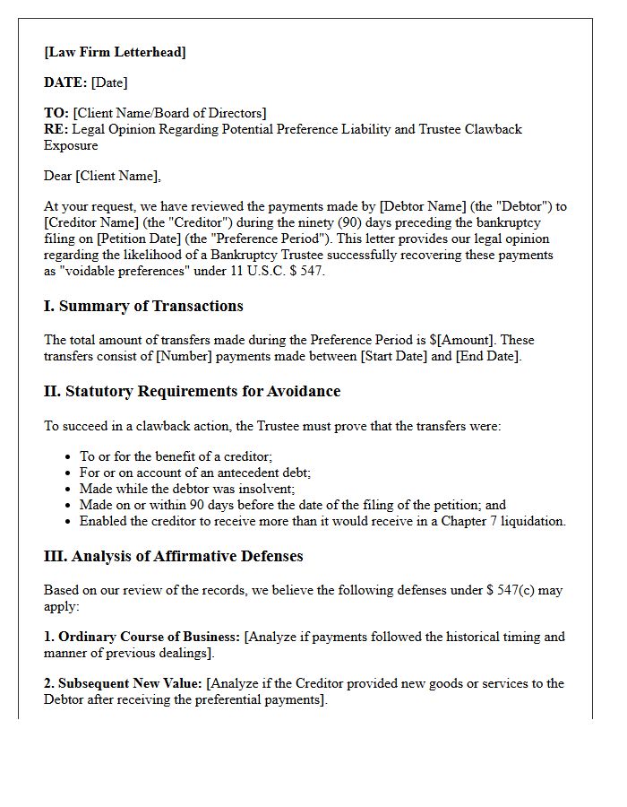 Preference Opinion Letter on Potential Trustee Clawback Exposure