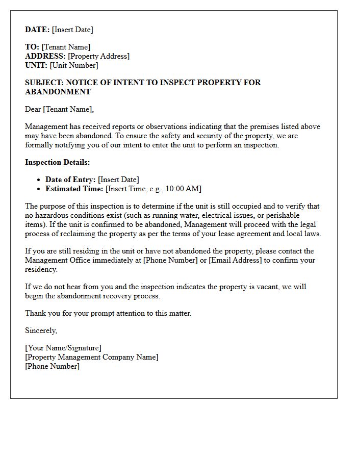 Property Management Abandoned Unit Inspection Letter