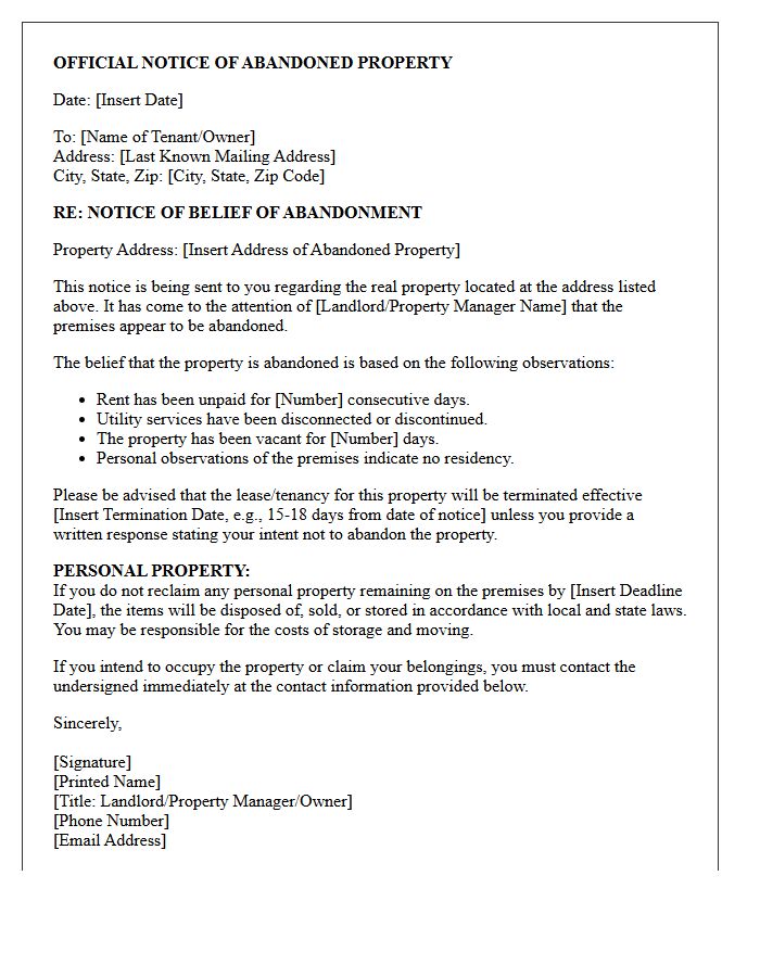Official Notice Of Abandoned Residential Property Letter