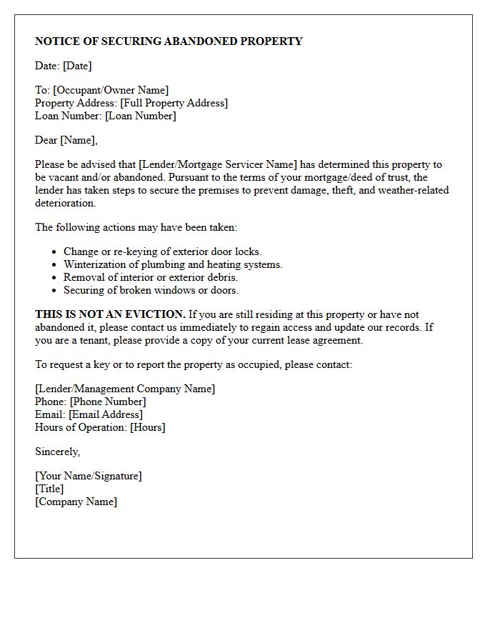 Lender Notice Of Securing Abandoned Property Letter