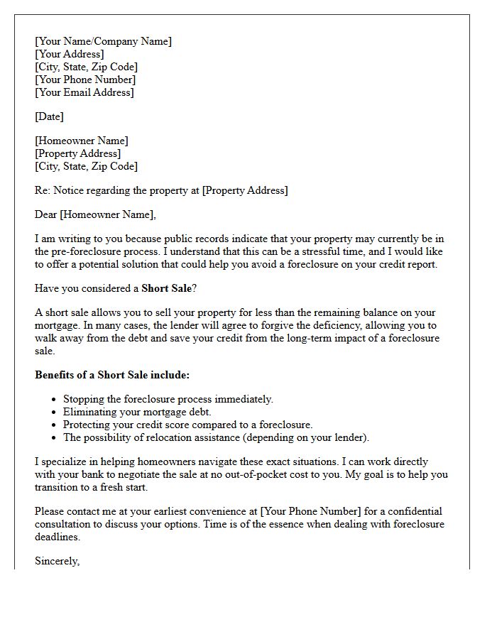 Short Sale Option Pre-Foreclosure Letter