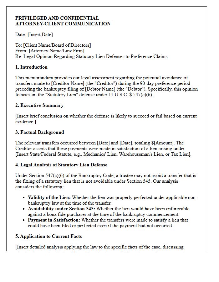 Preference Opinion Letter Assessing Statutory Lien Defenses