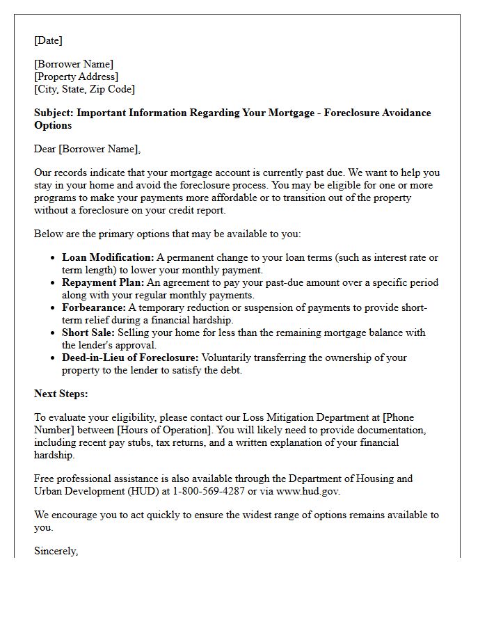 Foreclosure Avoidance Options Letter