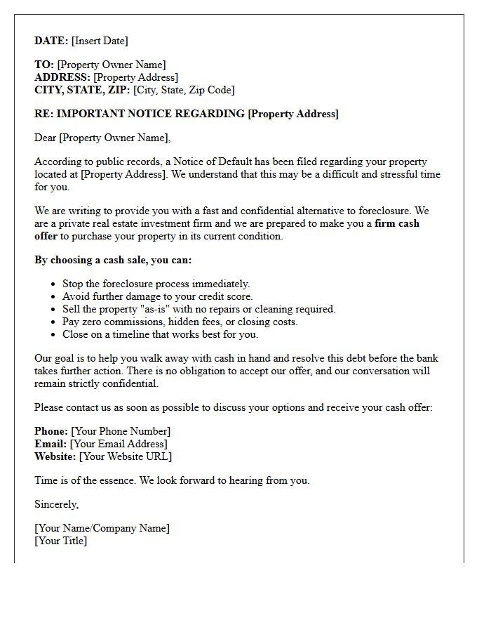 Notice of Default Cash Offer Letter