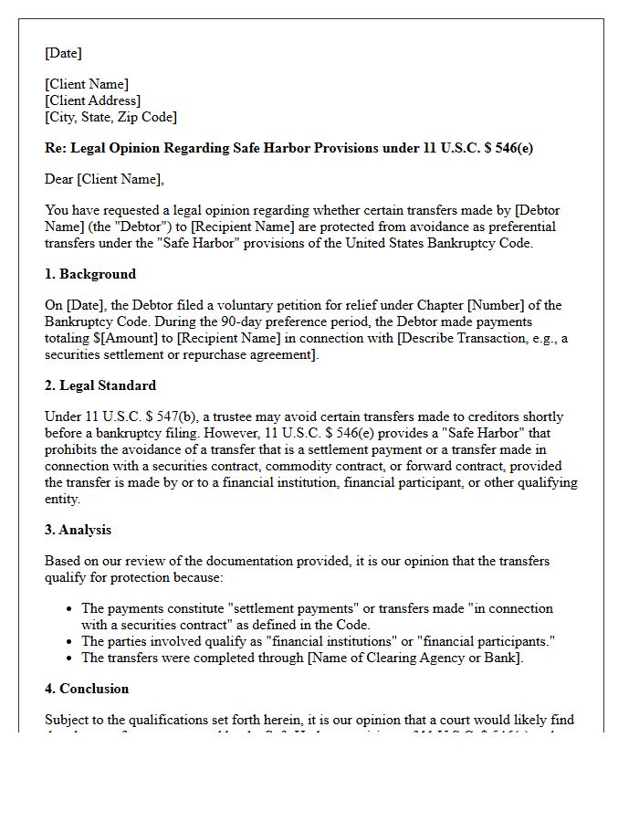 Preference Opinion Letter Regarding Safe Harbor Provisions