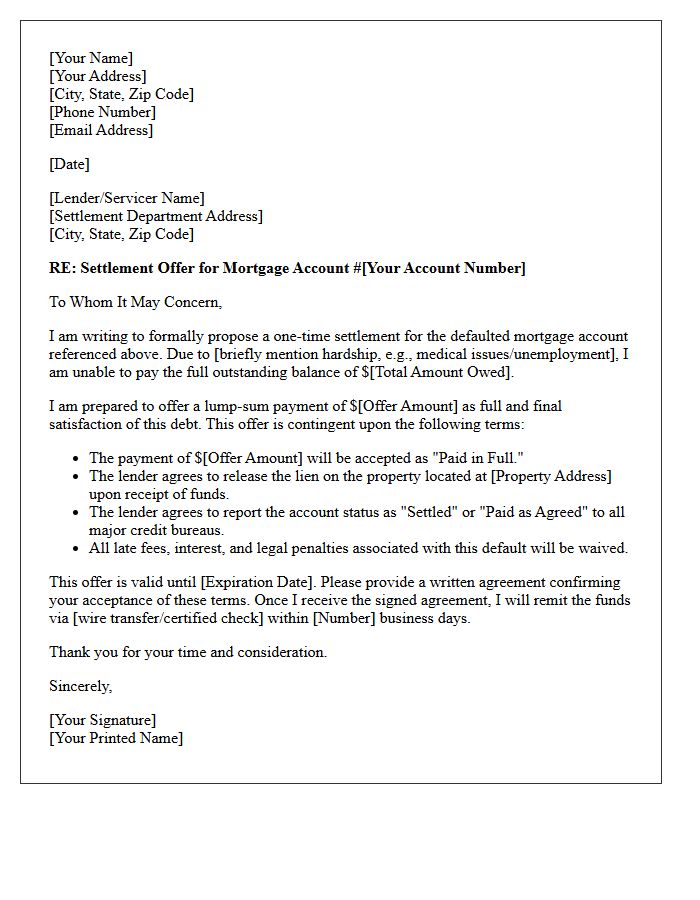 Defaulted Mortgage Settlement Letter
