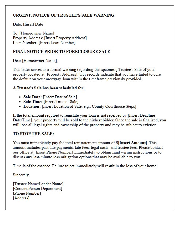 Urgent Notice of Trustee Sale Warning Letter
