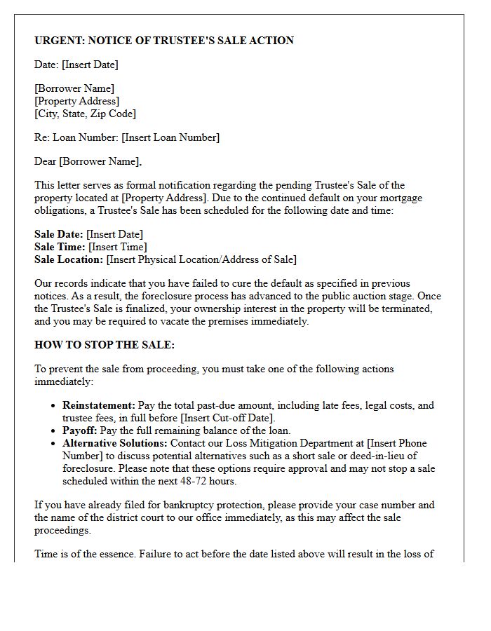 Pre-Foreclosure Trustee Sale Action Letter