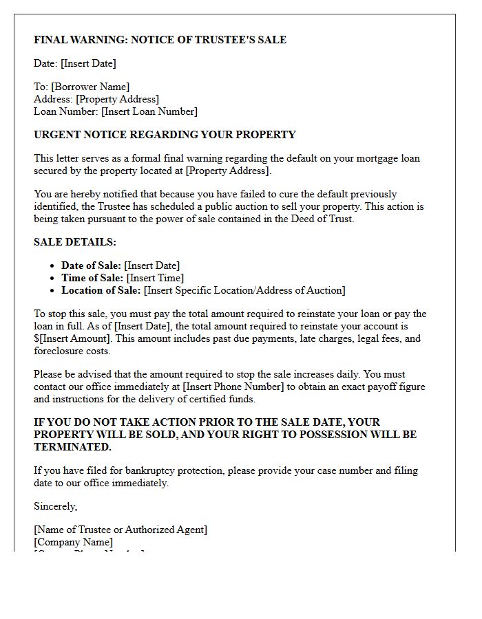 Final Warning Notice of Trustee Sale Letter