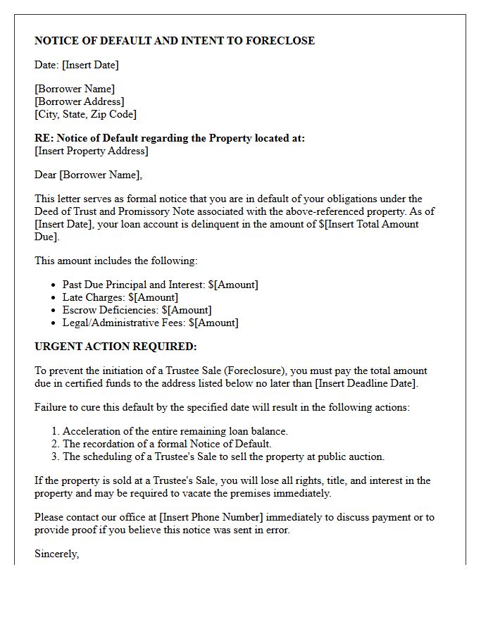 Real Estate Trustee Sale Default Warning Letter