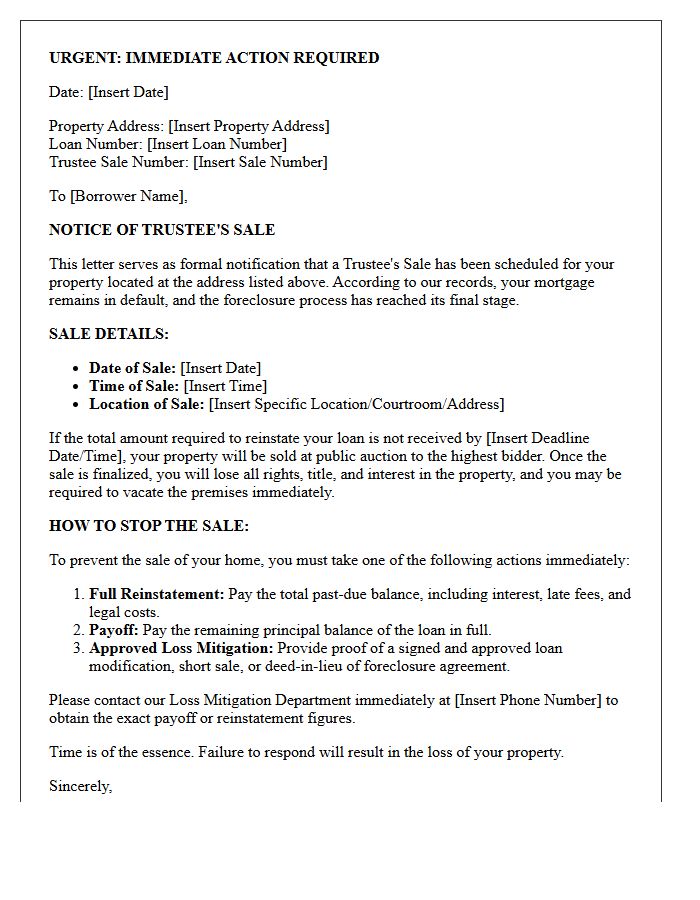 Immediate Action Required Trustee Sale Letter