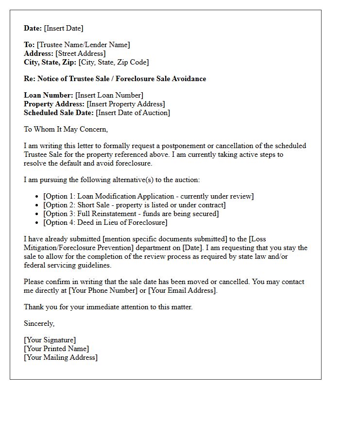 Notice of Trustee Sale Auction Avoidance Letter